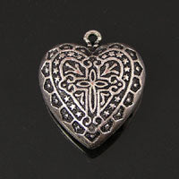 18mm Embossed Heart with Cross Charm, Vintage Silver, 6 pack