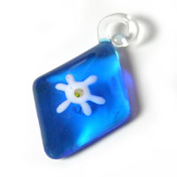 30x21mm Aqua with White Flower, Diamond Shape Glass Pendant, ea