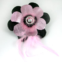 Leather Flower Hair Clip, 4.5 inch, 3 layer hand cut pink, brown leather flower with pink feathers and silver cabochon stone center, each