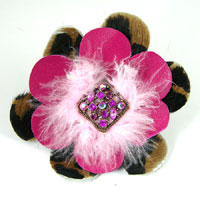 Leather Flower Hair Clip, 4.5 inch, Layered hand cut leather flower (hot pink, cheetah print) and pink feathers and crystal center, each