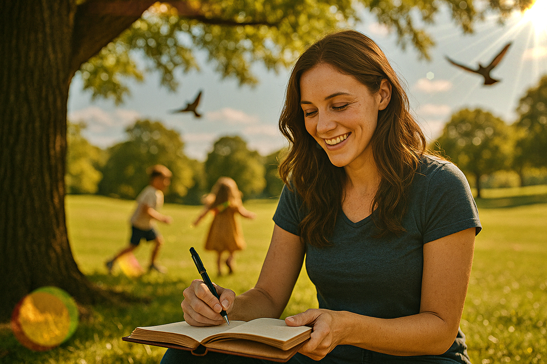 Smiling woman writing in a leather journal under a large tree on a sunny day, with children playing and birds flying in the background — journaling for mental health and happiness.