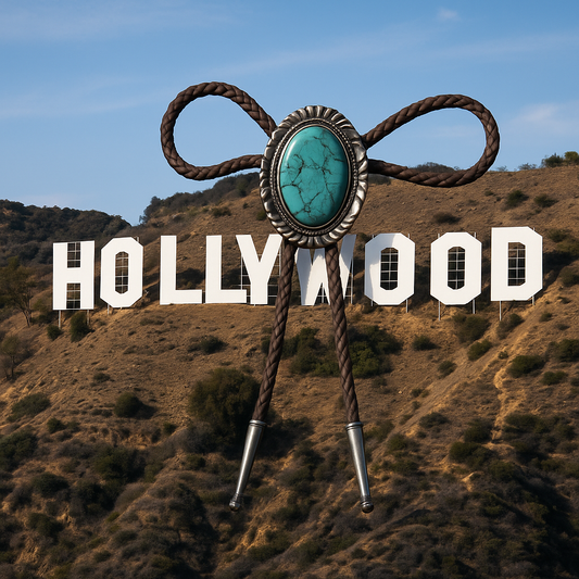 The Hollywood Sign in Los Angeles with a large turquoise bolo tie draped across it, blending classic Western fashion with iconic Hollywood imagery. 