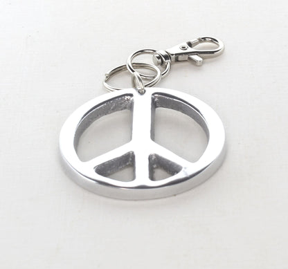 62mm Polished Silver Peace Sign Charm Keychain, Purse Pull, Zipper Pull, made in USA, each