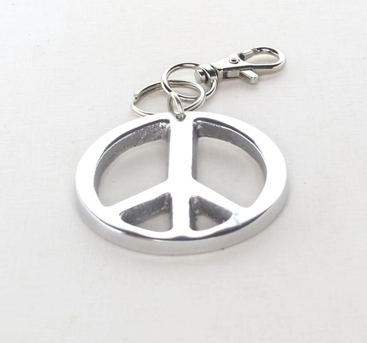 62mm Polished Silver Peace Sign Charm Keychain, Purse Pull, Zipper Pull, made in USA, each