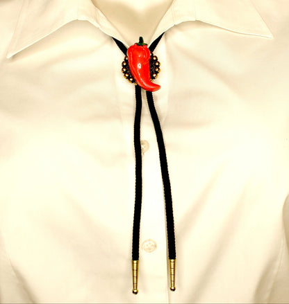 52mm x 34mm Red Hot Chili Pepper Bolo Tie, classic silver or antique gold, made in USA, each