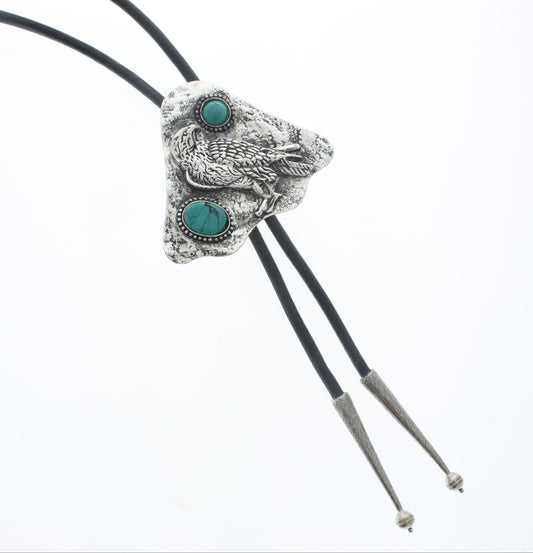 Silver Eagle w/ Turquoise Stones Bolo Tie, Black, Brown Cord