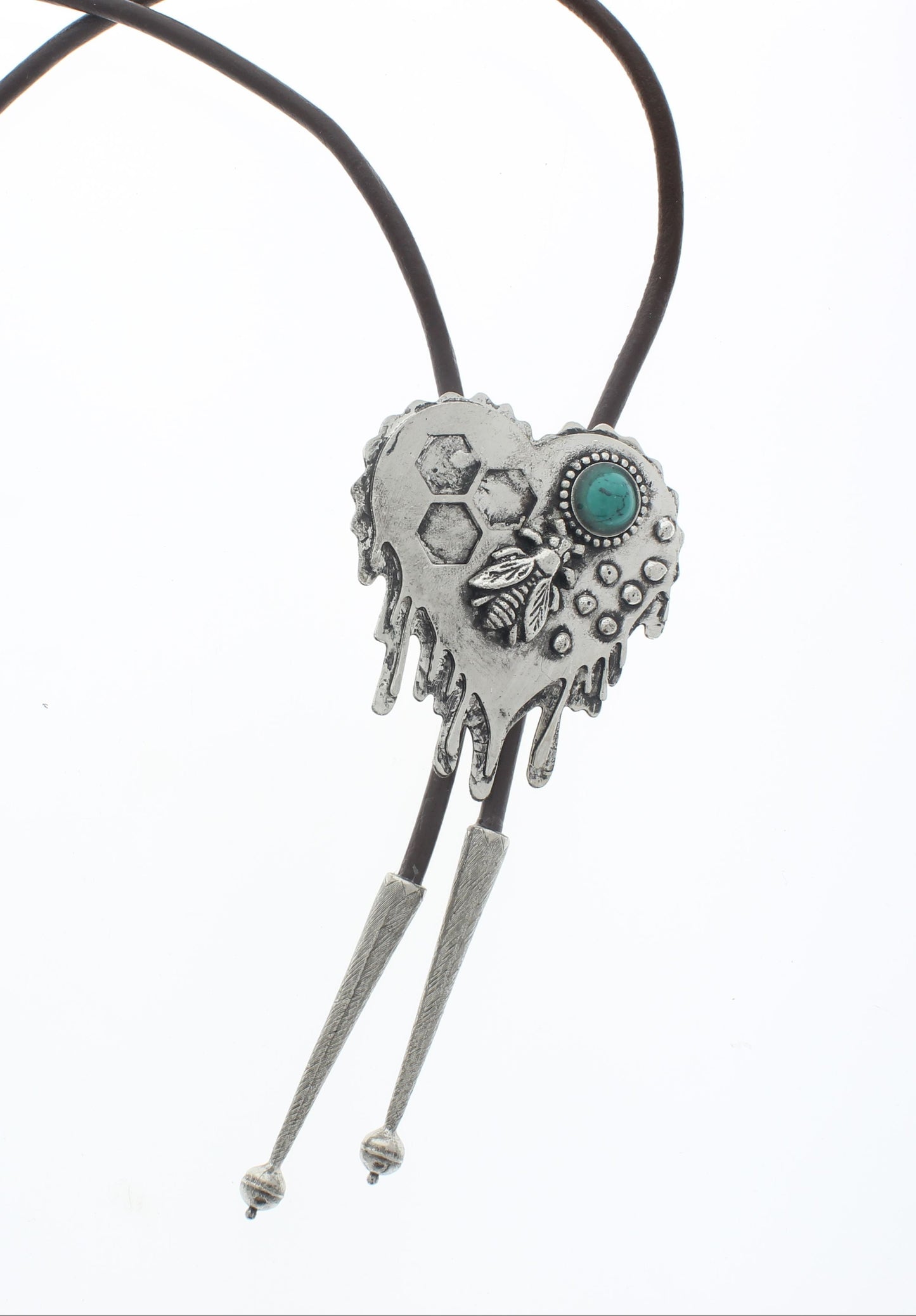 Silver Honey Bee Heart Bolo, Black or Brown Cord, each