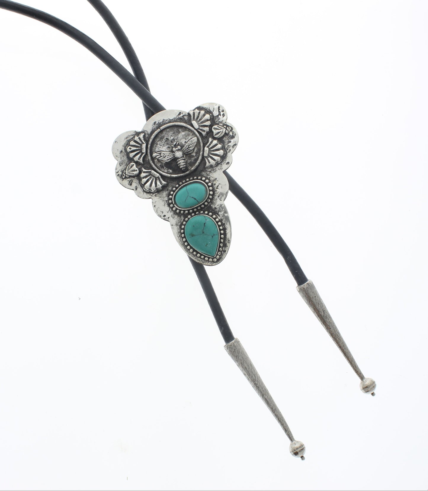 Bee Bolo Tie with Turquoise Stones, Black and Brown Cord, ea