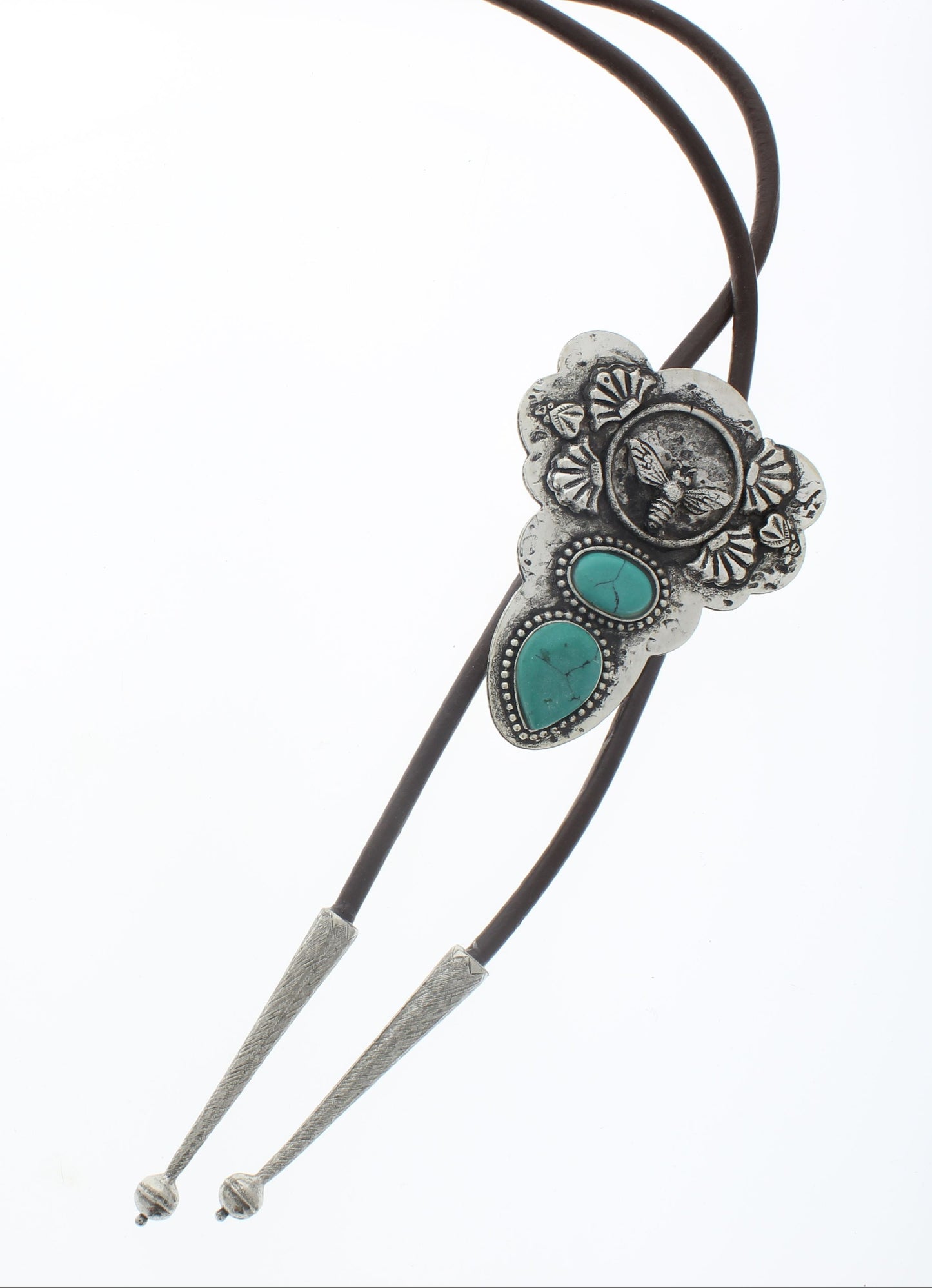 Bee Bolo Tie with Turquoise Stones, Black and Brown Cord, ea