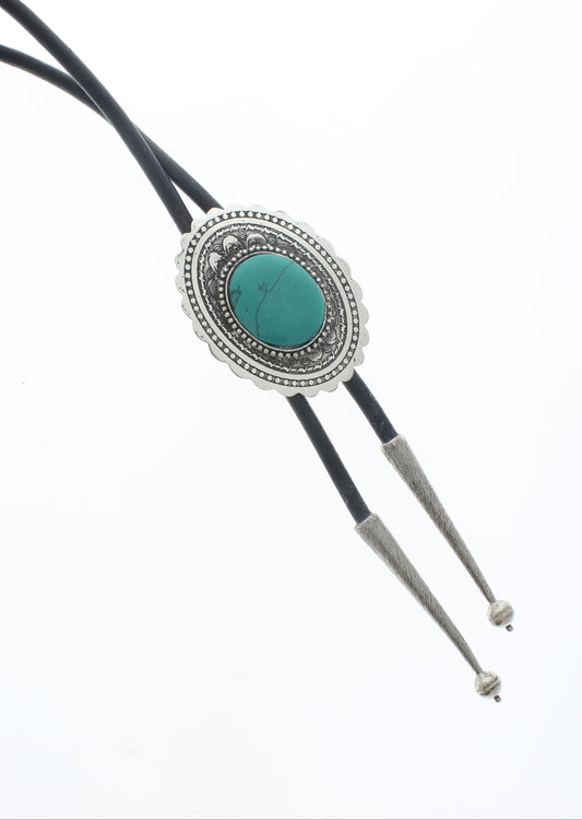 Silver Navajo Bolo Tie w/Turquoise Stone, Black, Brown cord