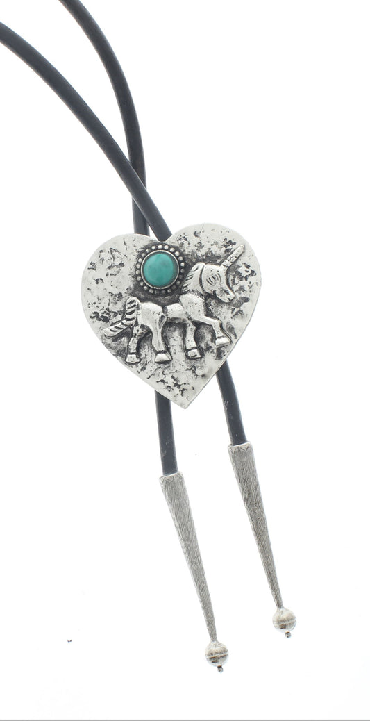 Silver Hammered Heart with Unicorn and Turquoise Stone Bolo