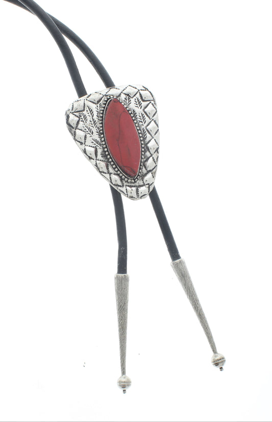 Native American Red Coral Stone Bolo, Black, Brown Cord