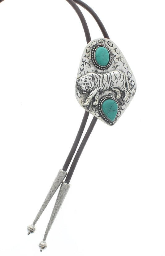 Silver Tiger Turquoise Bolo Tie, Black, Brown Cord, each