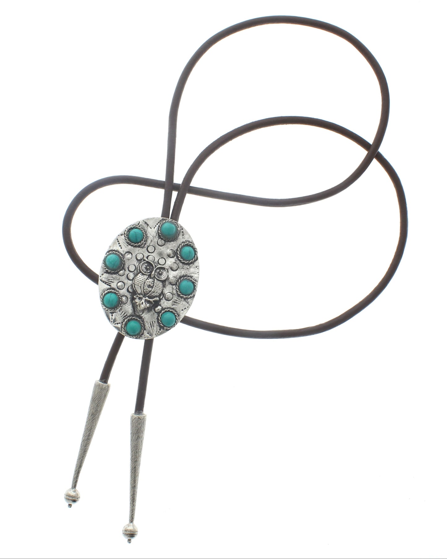 Owl Turquoise Bolo Tie, Black, Brown Cord, each