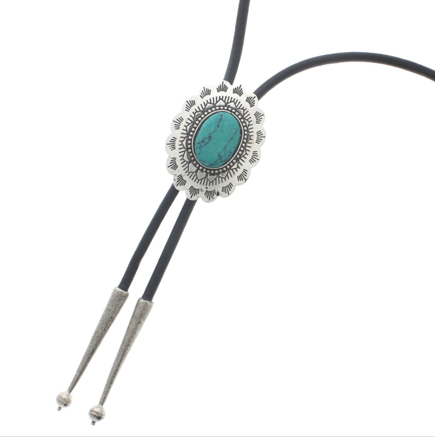 Navajo Turquoise Silver Concho Bolo, Black, Brown Cord, each