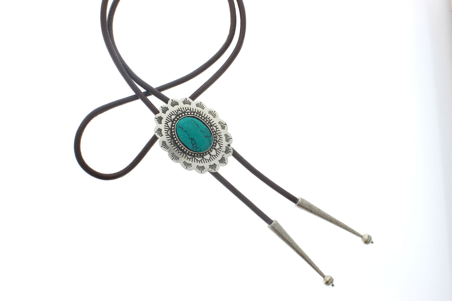 Navajo Turquoise Silver Concho Bolo, Black, Brown Cord, each