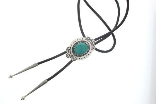 Silver Ornate Turquoise Bolo Tie, Black, Brown Cord, each