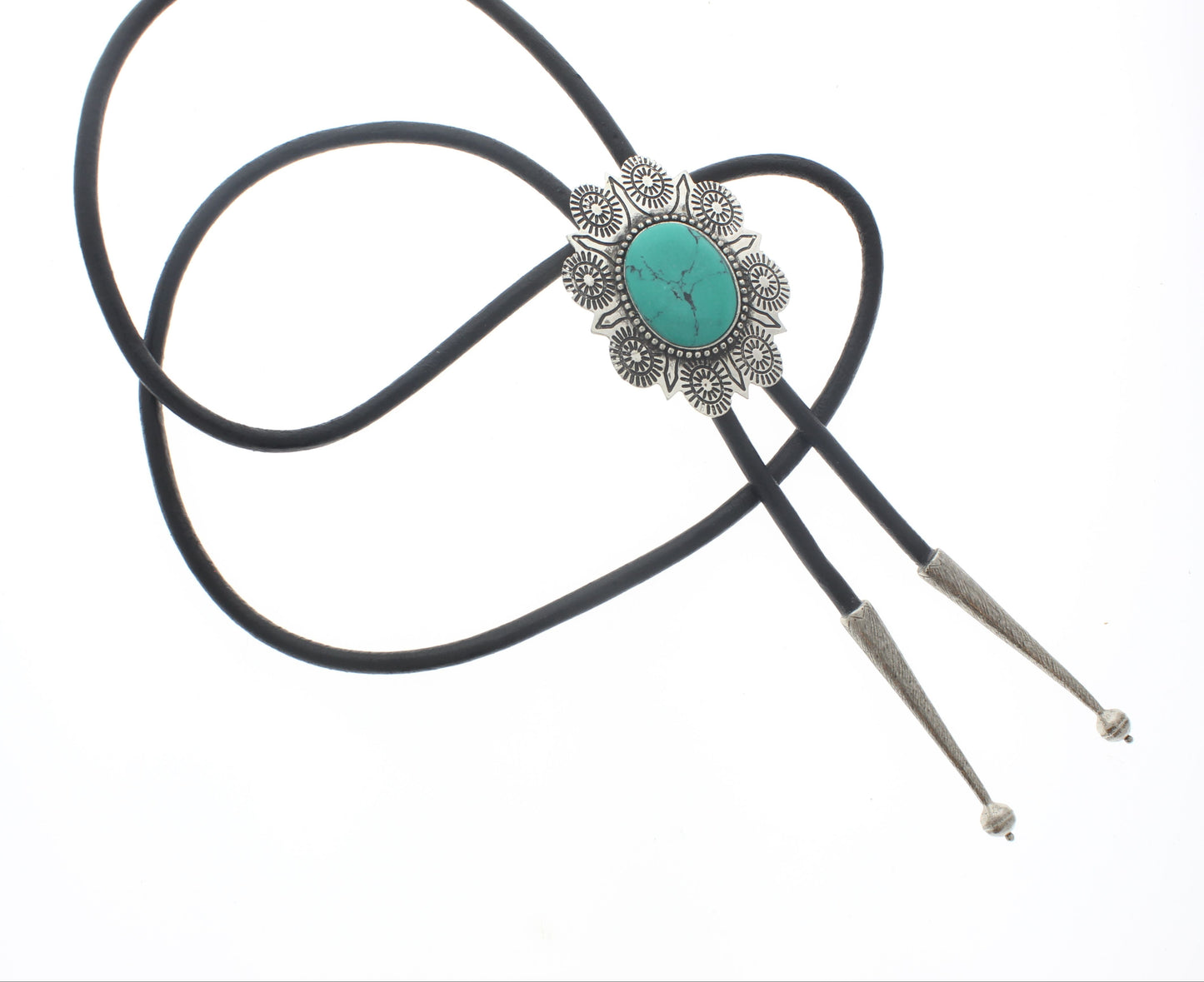 Sunburst Turquoise Bolo Tie, Black, Brown Cord, each