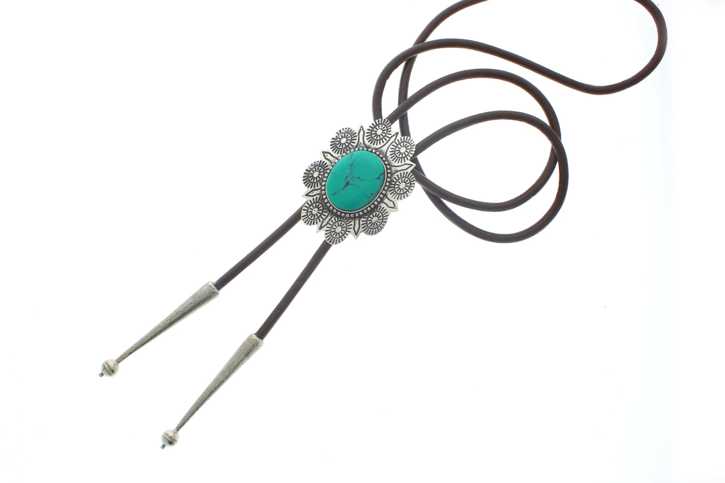 Sunburst Turquoise Bolo Tie, Black, Brown Cord, each