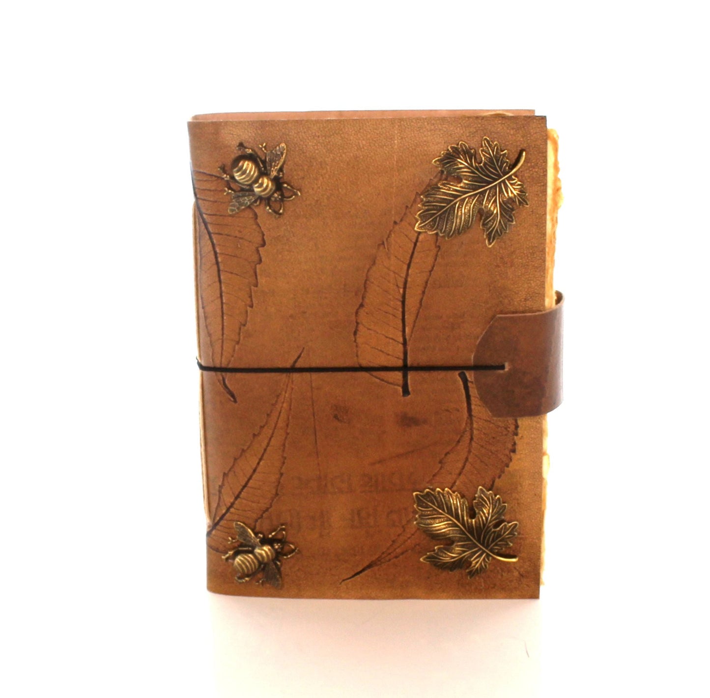 Leaf Embossed Leather Journal with bee & leaf embellishments