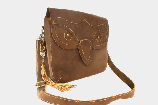 Hoot Bag with Letter and Tan Tassel, made in USA, each