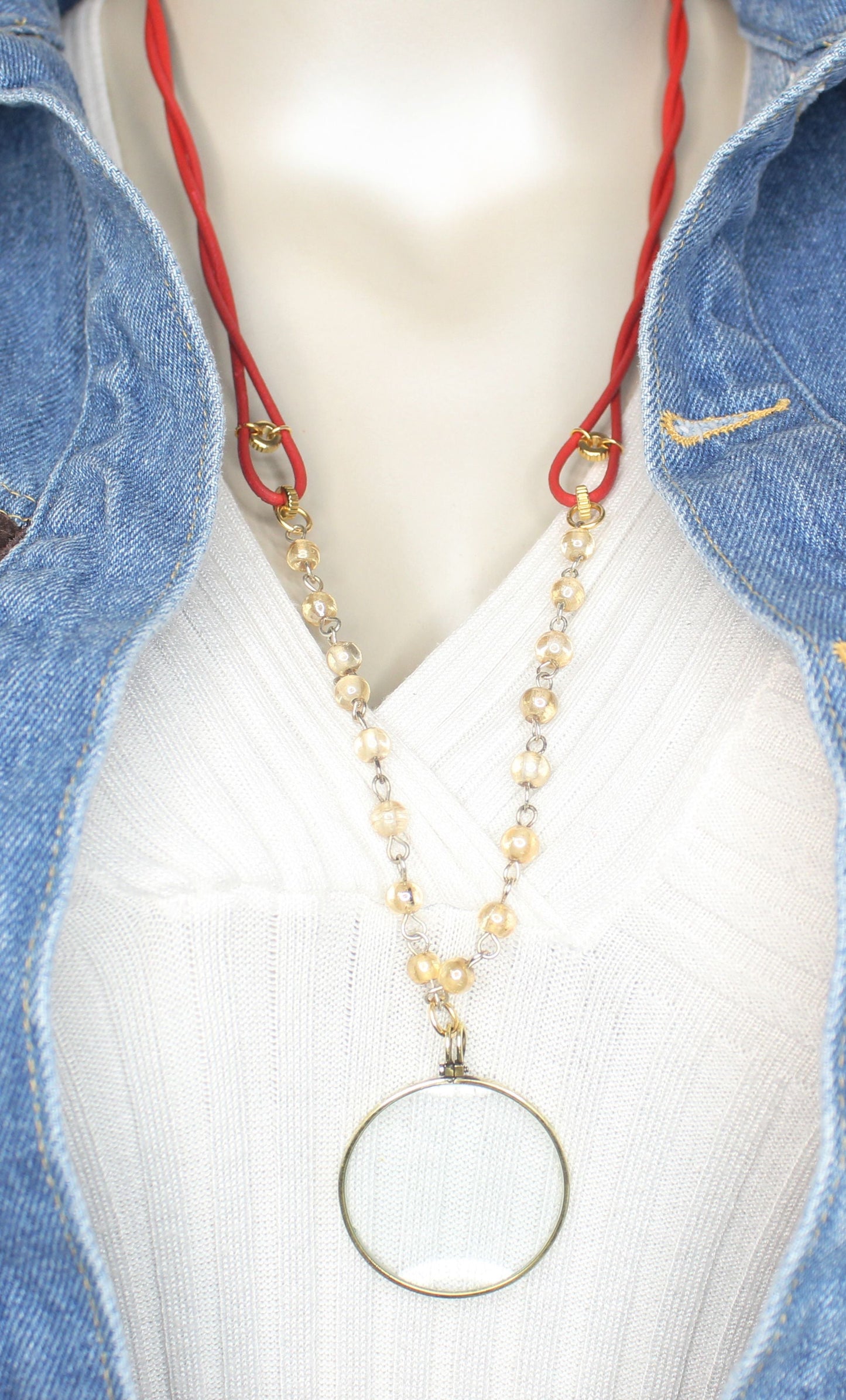 Crimson Clarity Monocle with Glass Rosary Beads, made in USA, each