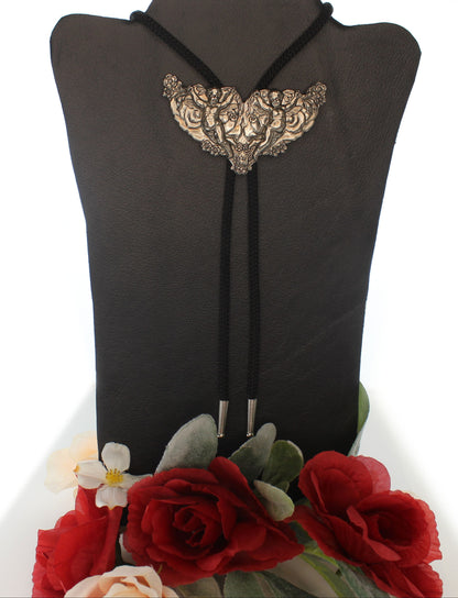 Heavenly Companions Bolo Tie – Twin Cherubs in Ornate Silver, Made in USA, 86.7mm x 51.3mm