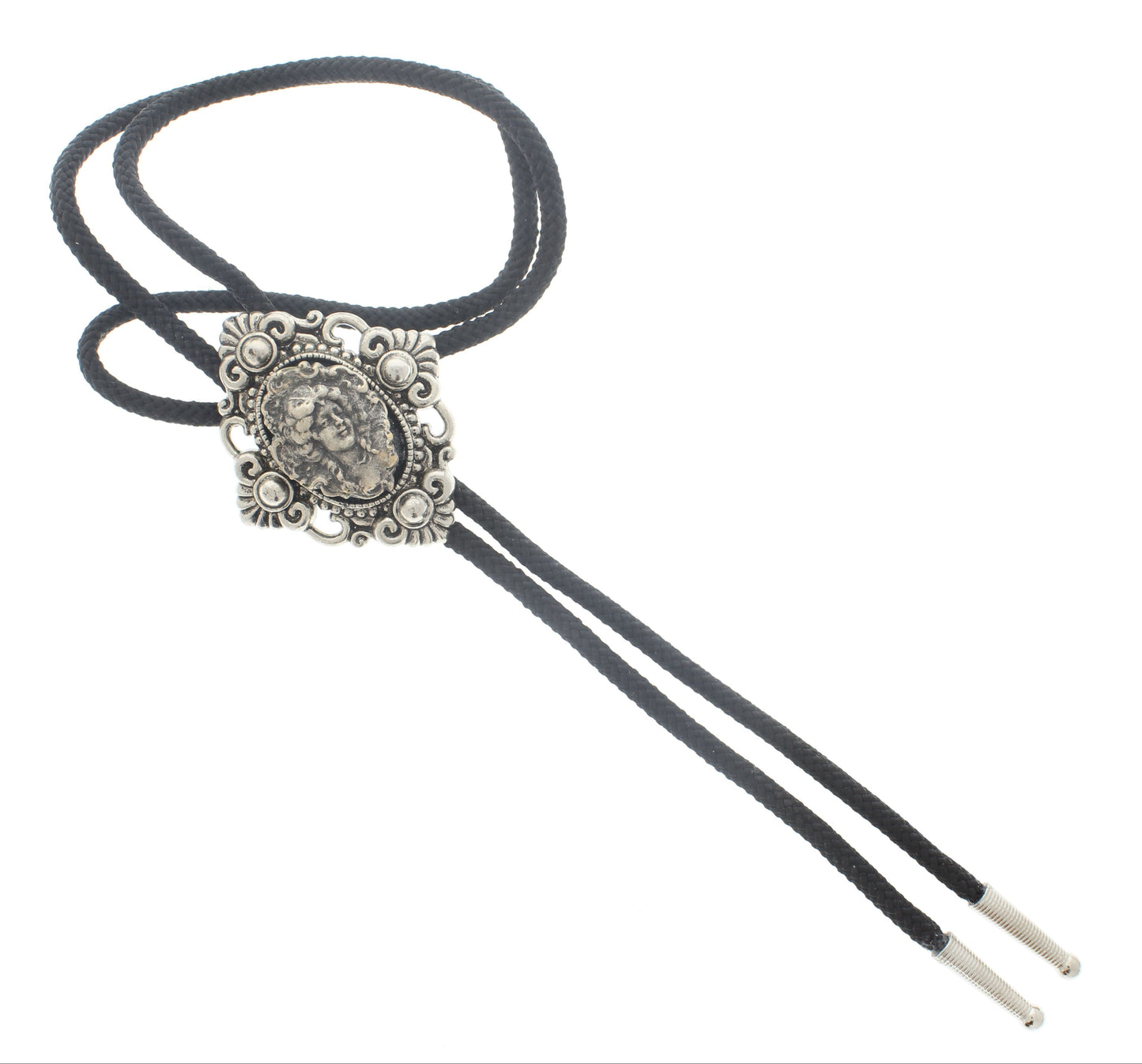 Lone Muse Bolo Tie – Vintage Cameo in Ornate Silver, Made in USA, 50.7mm x 59mm