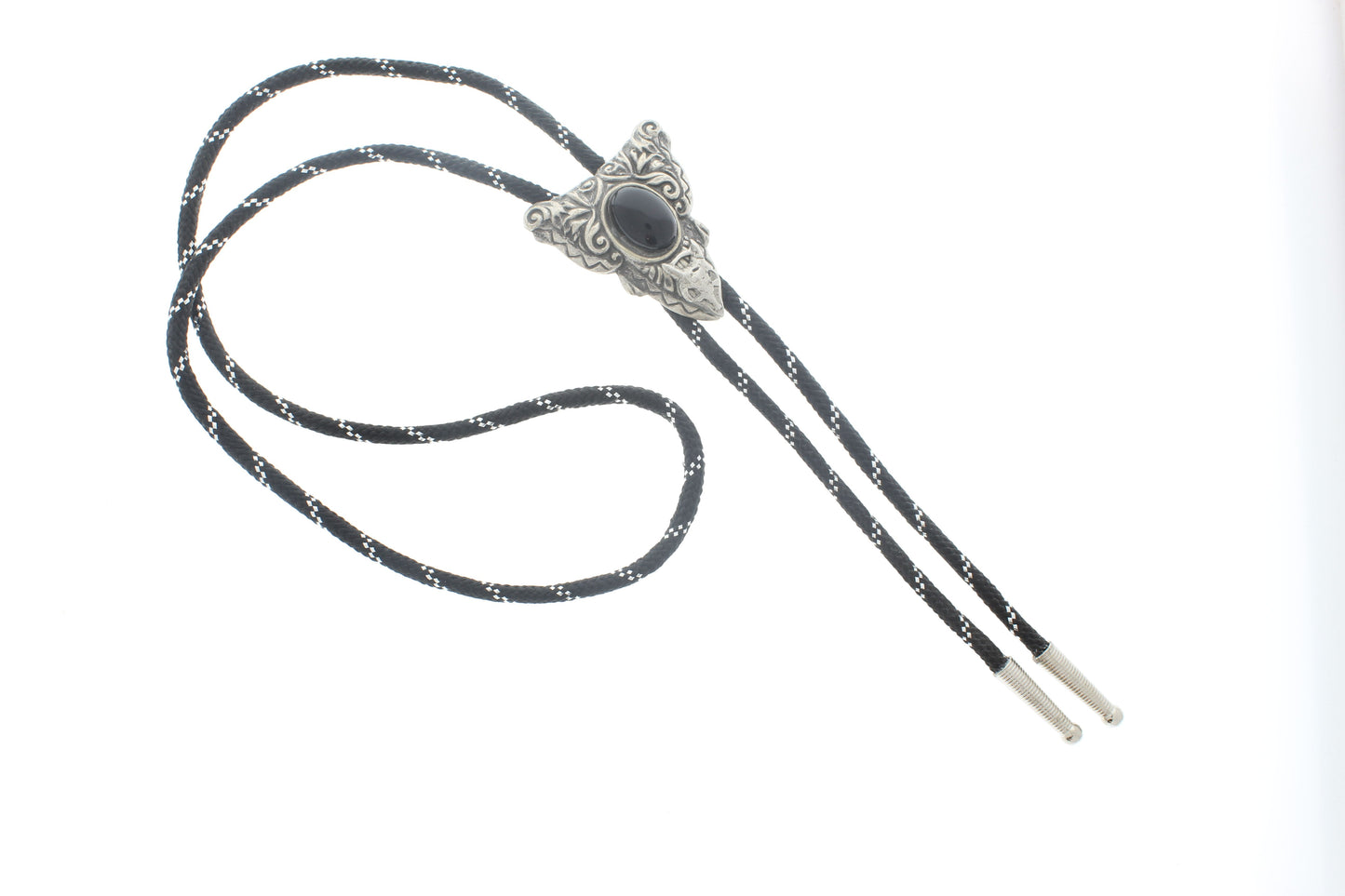 Midnight Scroll Bolo Tie – Black Stone in Ornate Silver, Made in USA, 41.4mm x 47.8mm