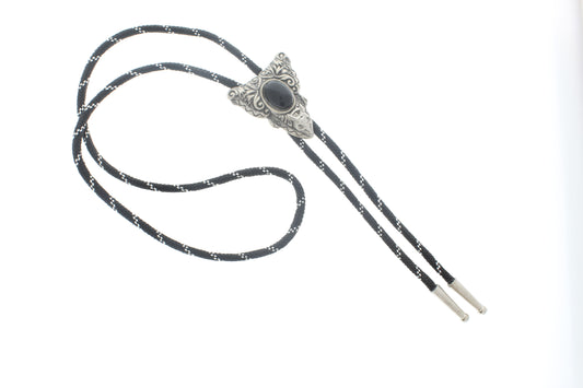 Midnight Scroll Bolo Tie – Black Stone in Ornate Silver, Made in USA, 41.4mm x 47.8mm
