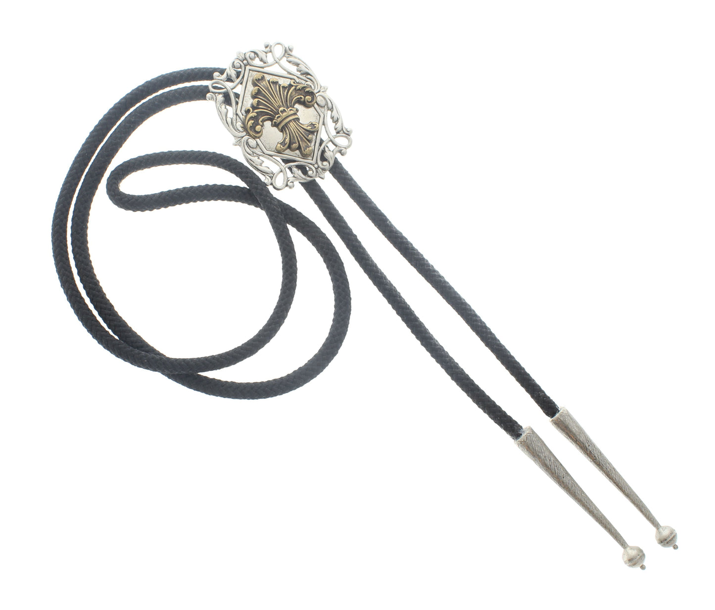 Golden Flourish Bolo Tie – Filigree Emblem in Ornate Silver, Made in USA, 37mm x 50mm