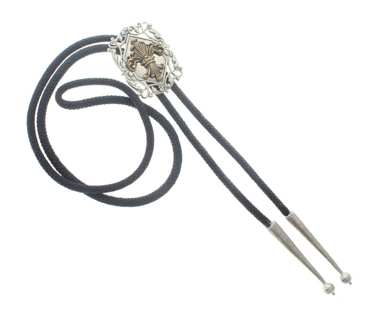 Golden Flourish Bolo Tie – Filigree Emblem in Ornate Silver, Made in USA, 37mm x 50mm