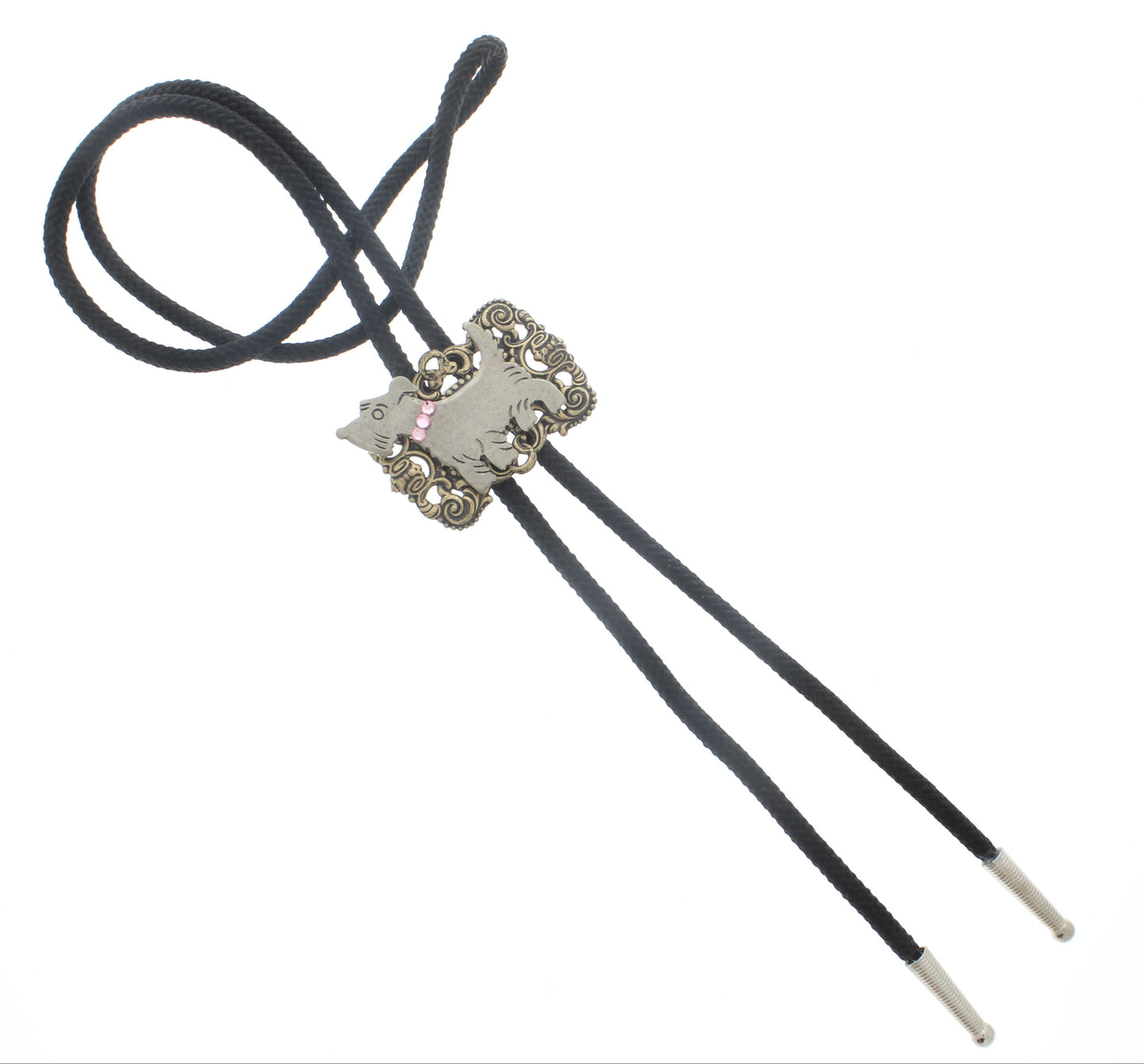 Pink Pup Bolo Tie – Rhinestone Dog in Ornate Silver, Made in USA, 49.8mm x 35.6mm