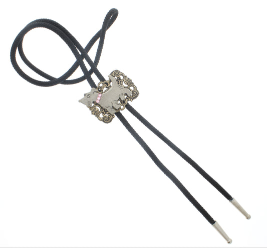 Pink Pup Bolo Tie – Rhinestone Dog in Ornate Silver, Made in USA, 49.8mm x 35.6mm