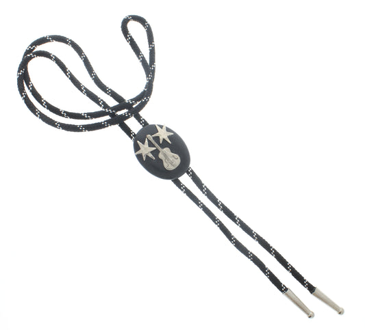 Starstruck Strings Bolo Tie – Guitar & Silver Stars Emblem, Made in USA, 31.2mm x 40.1mm
