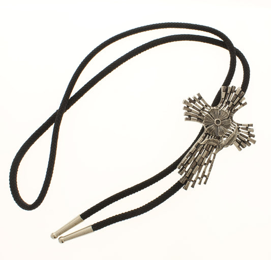 Radiant Crest Bolo Tie – Ornamental Starburst in Sculpted Silver, Made in USA, 64.3mm x 88.1mm