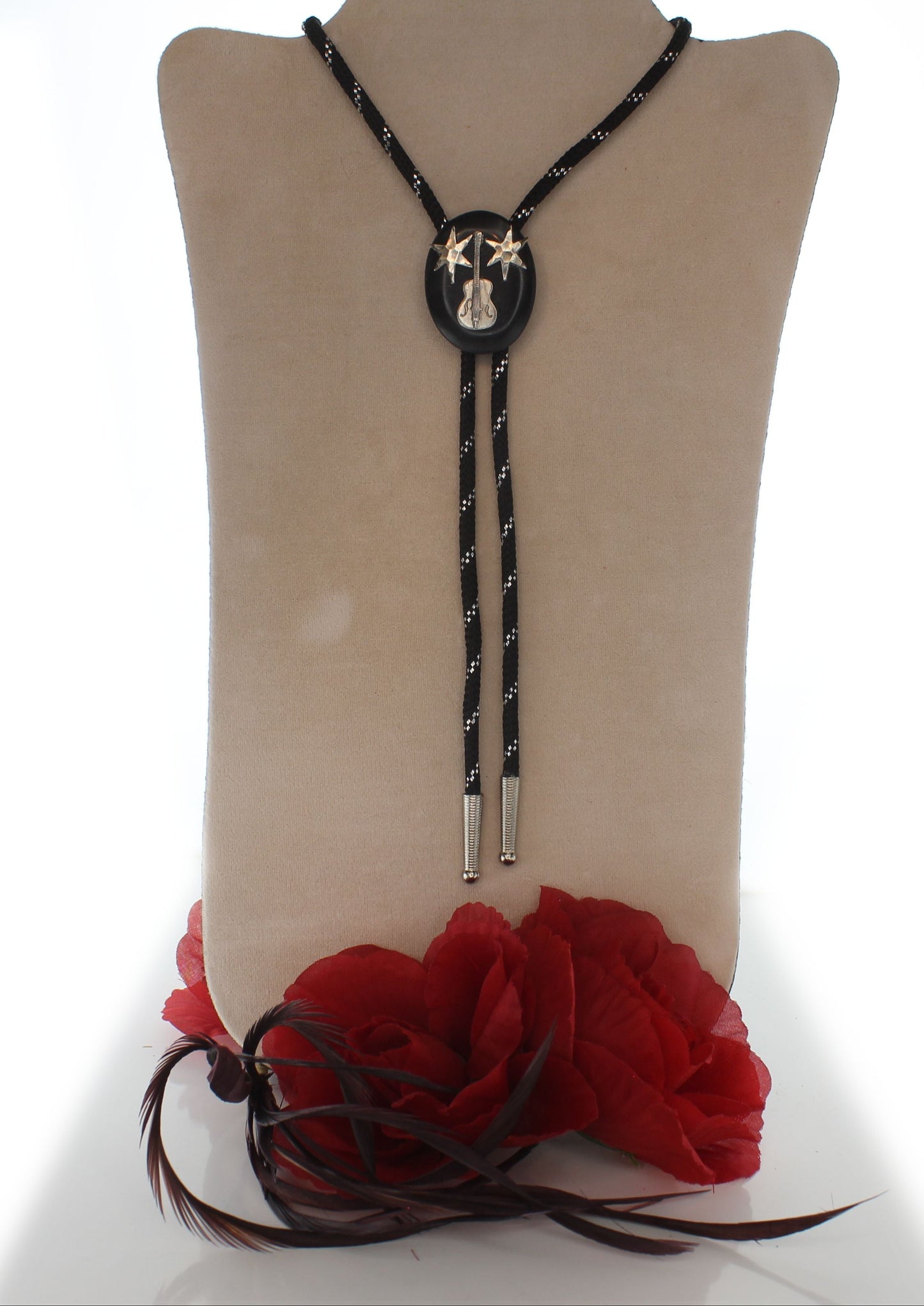 Starstruck Strings Bolo Tie – Guitar & Silver Stars Emblem, Made in USA, 31.2mm x 40.1mm