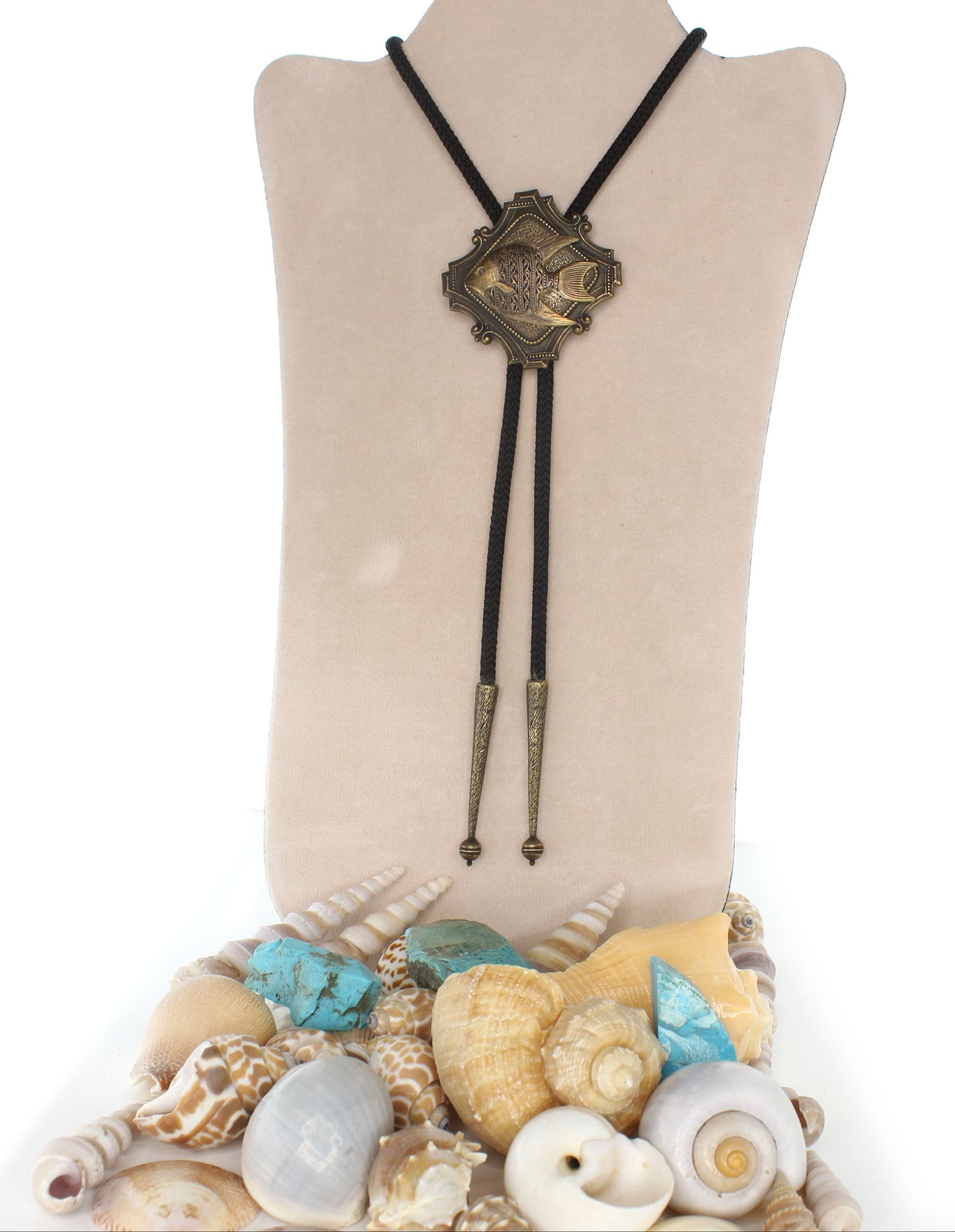 Brass Tide Bolo Tie – Angelfish Emblem in Ornate Frame, Made in USA, 58mm x 58mm