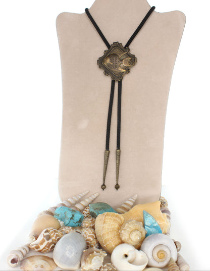 Brass Tide Bolo Tie – Angelfish Emblem in Ornate Frame, Made in USA, 58mm x 58mm