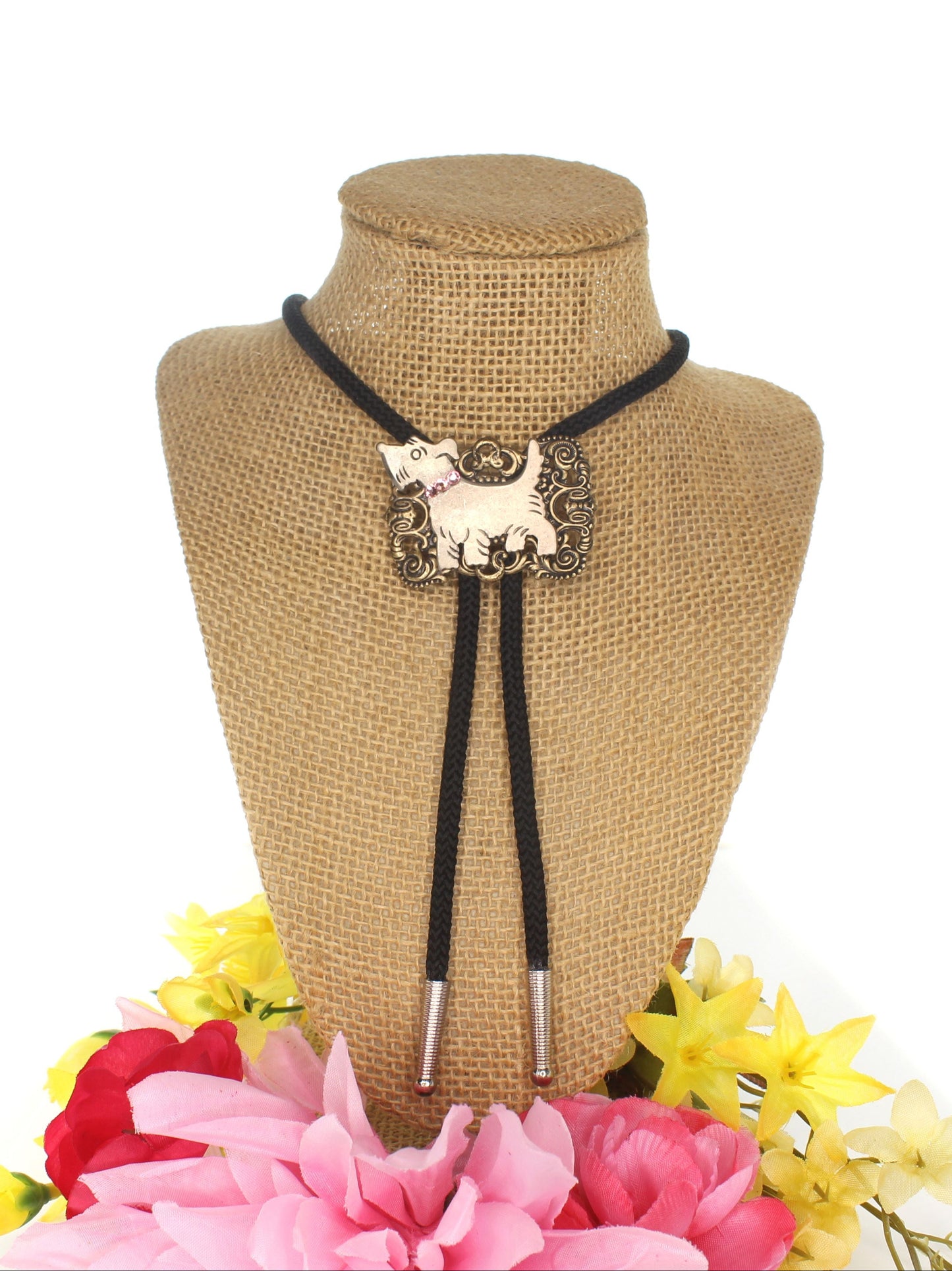 Pink Pup Bolo Tie – Rhinestone Dog in Ornate Silver, Made in USA, 49.8mm x 35.6mm