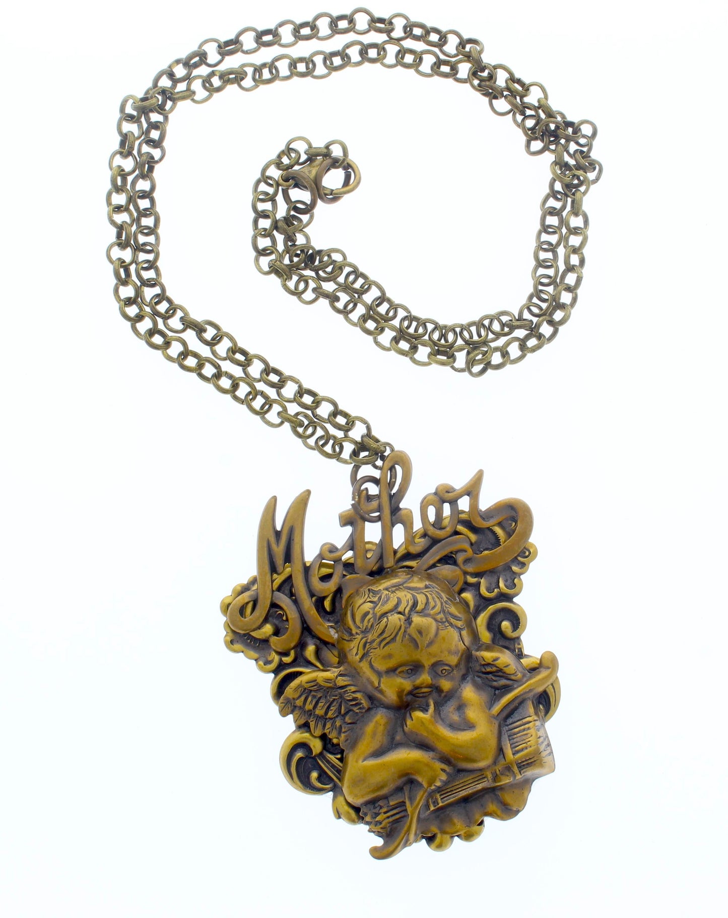 64mm x 53mm Vintage Brass "Mother" Cherub Necklace, made in USA, each