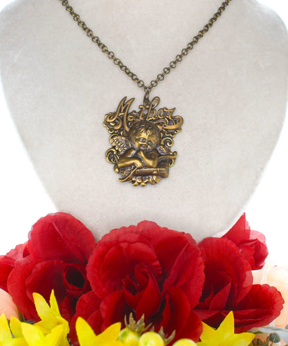 64mm x 53mm Vintage Brass "Mother" Cherub Necklace, made in USA, each