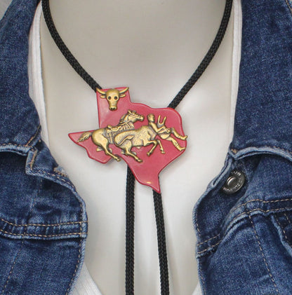 65mm x 71mm Red Texas Rodeo Bolo Tie – Cowboy & Longhorn Design, made in USA, each