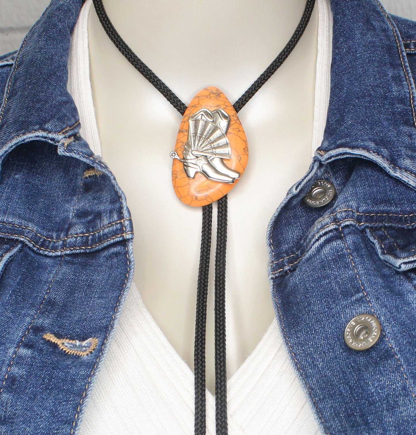62mm Cowboy Boots & Fan Bolo Tie – Orange Marble Stone, made in USA, each