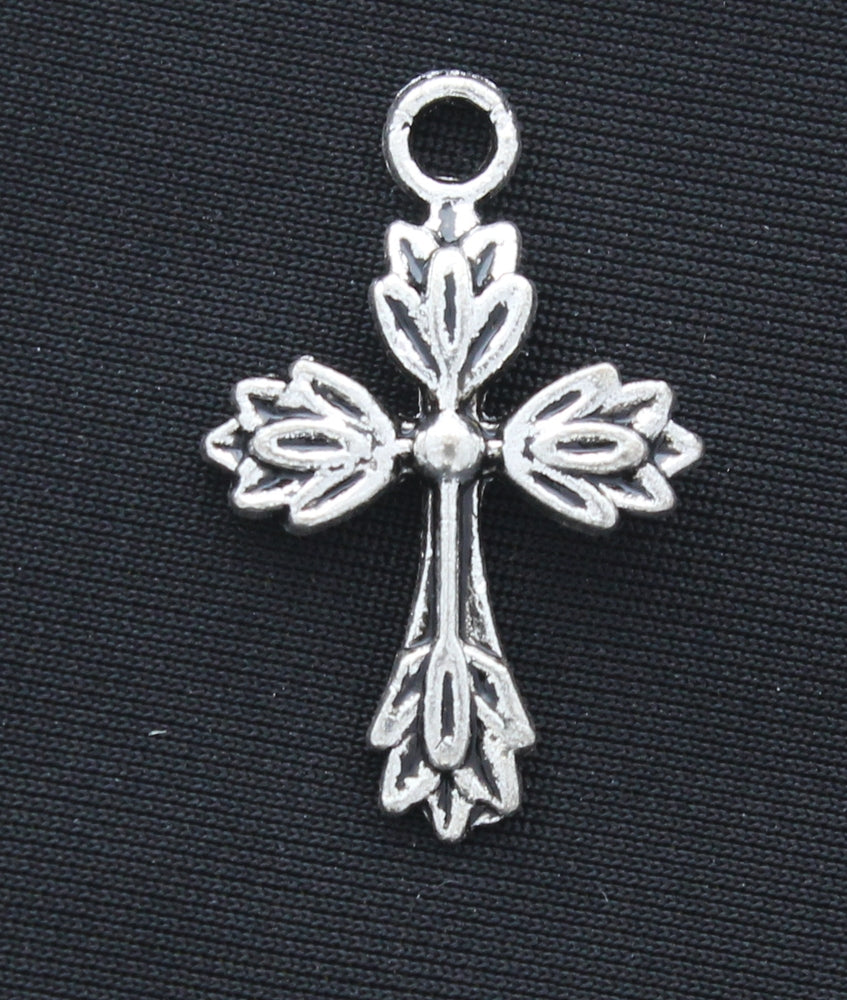 20mm x 17mm Leaf Cross Charm, classic silver, with ring, pack of 12