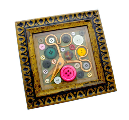 Seamstress Shadow Box Frame Wall Decor with Buttons and Vintage Scissors in gold frame, Each