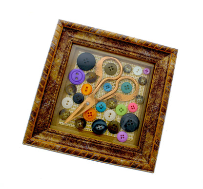 Seamstress Shadow Box Frame Wall Decor with Buttons and Vintage Scissors in gold frame, Each