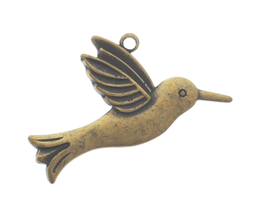 27mm x 17mm Hummingbird Charm, facing right, Antique Gold, Made in USA, pack of 6