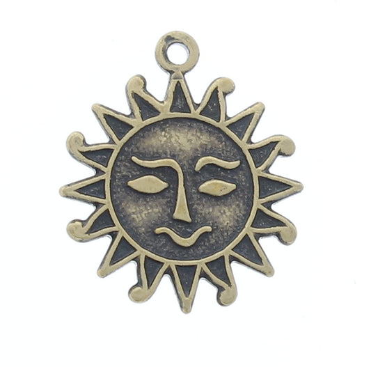 16mm Sun Face Charm, Antique Gold, Antique Silver, Classic Silver, pk/6