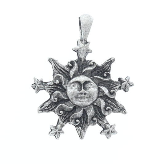 26mm Sun and Stars Face Charm, 3D antique silver, pack of 4